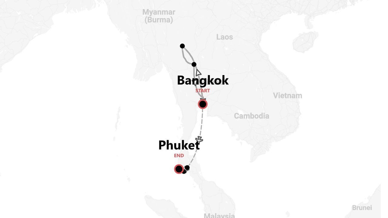 Une carte de la Thaïlande montrant un itinéraire de circuit qui commence à Bangkok et se termine à Phuket.