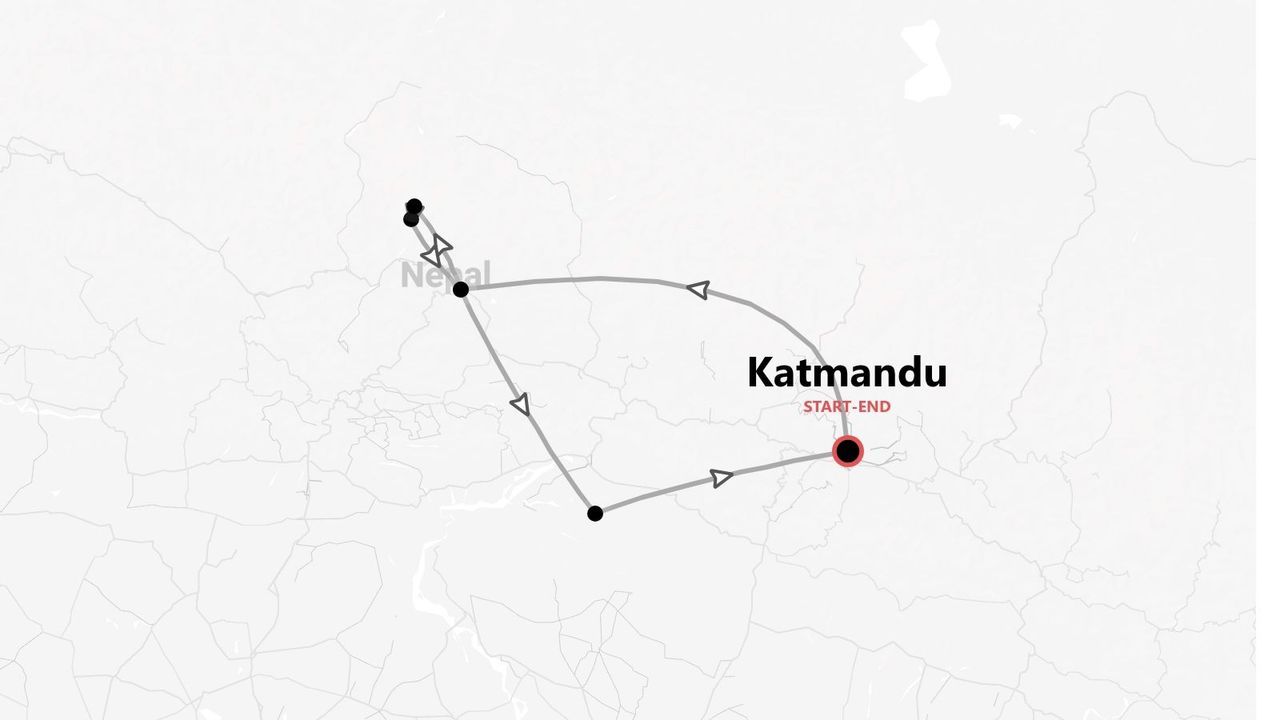 Mappa di un itinerario turistico in Nepal, con punto di partenza e arrivo a Kathmandu.