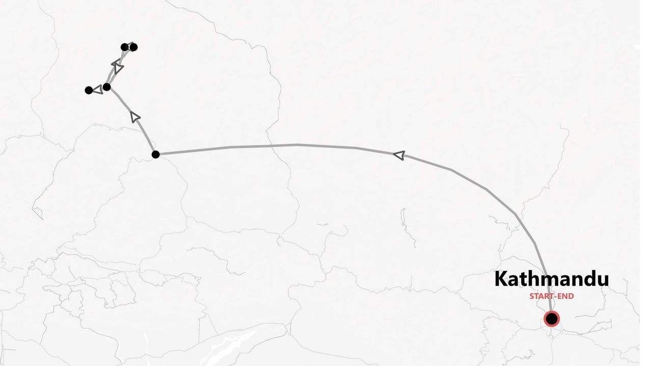 Itinéraire de voyage au Népal, carte du parcours et des étapes, départ et arrivée à Katmandou.