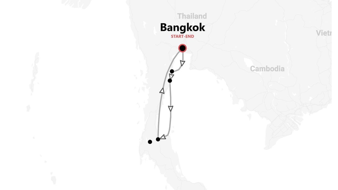 Un mapa que muestra un itinerario de viaje en Tailandia, con inicio y fin en Bangkok y un recorrido por el sur del país.