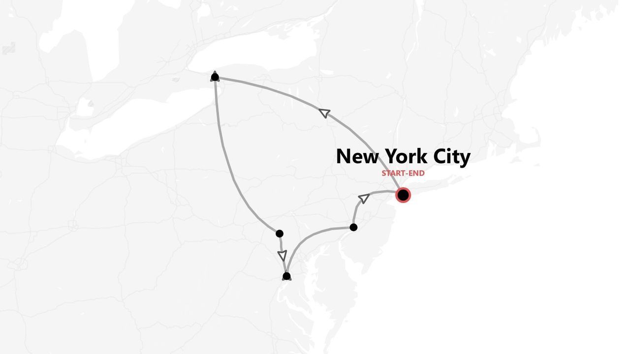 Un mapa estilizado que muestra un itinerario de viaje circular con inicio y fin en la Ciudad de Nueva York.
