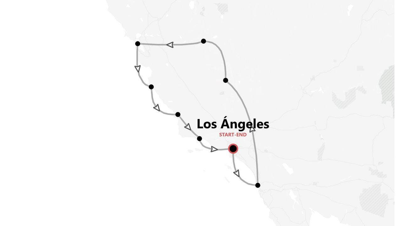 Un mapa que muestra un itinerario de viaje circular con varias paradas, con inicio y fin en Los Ángeles.