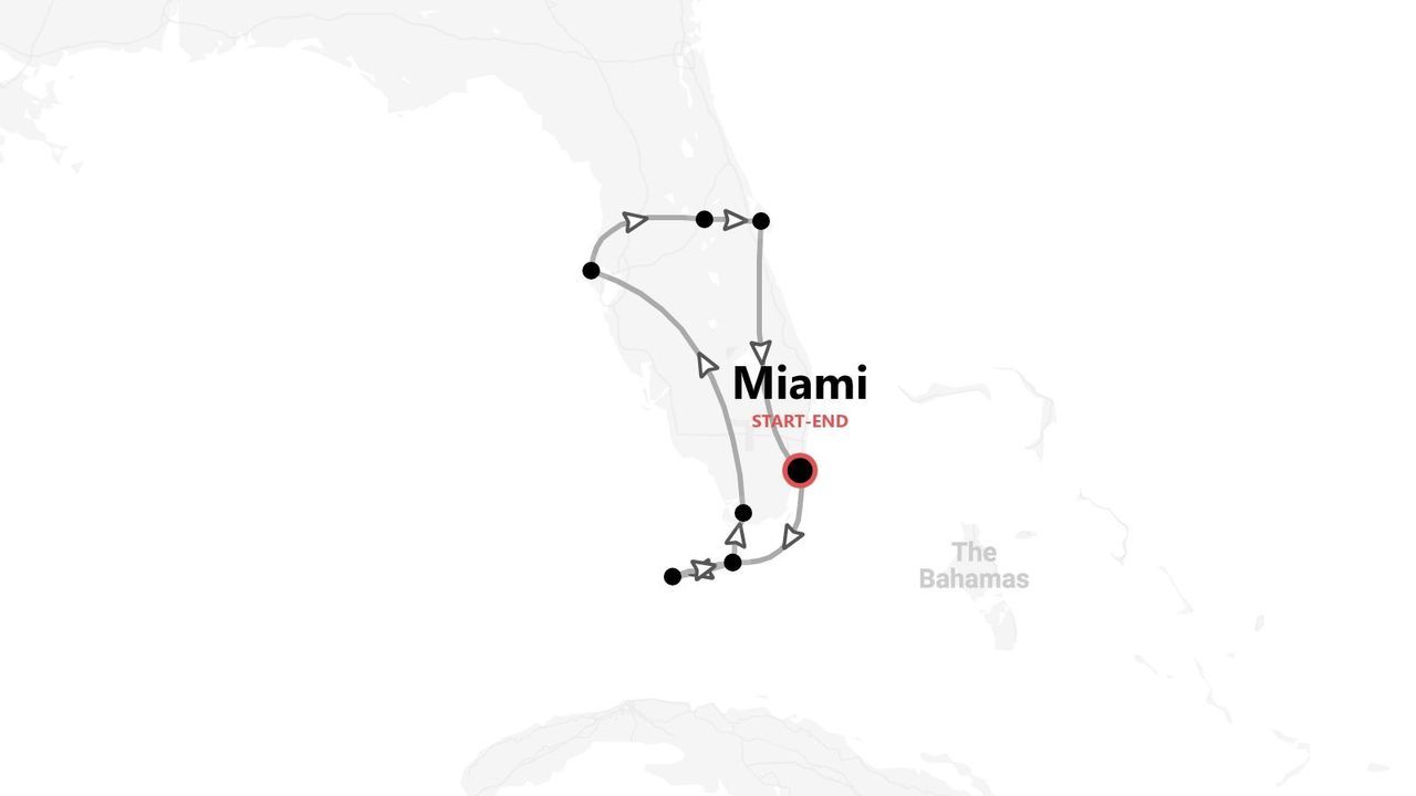 Mapa de un itinerario de viaje por Florida, con inicio y fin en Miami.