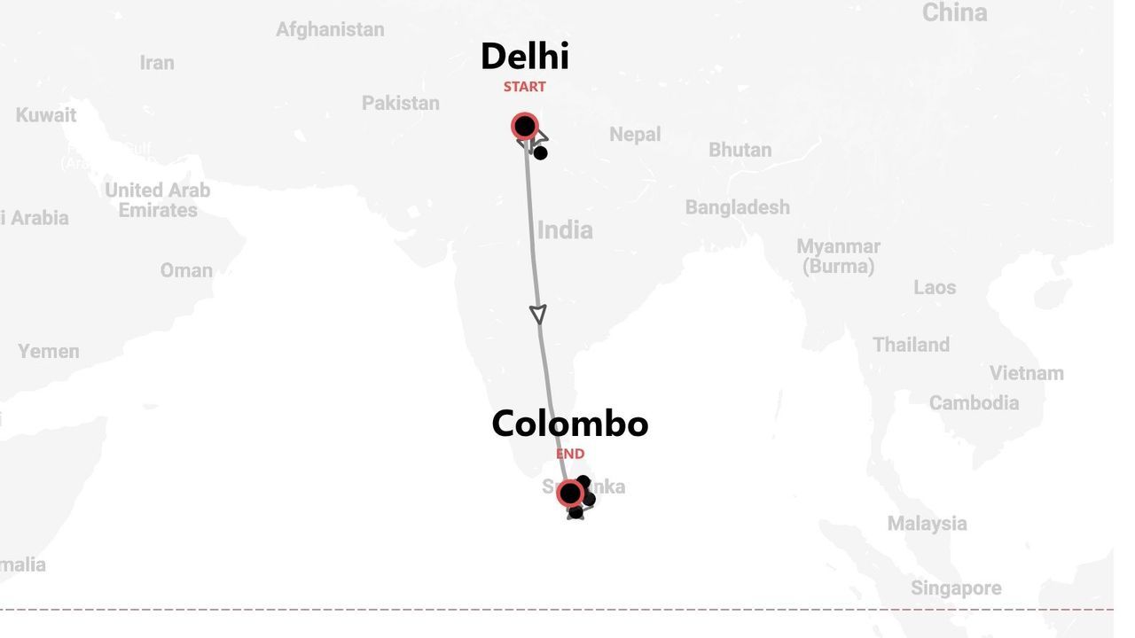 Mappa di un itinerario di viaggio con partenza da Delhi, India e arrivo a Colombo, Sri Lanka.