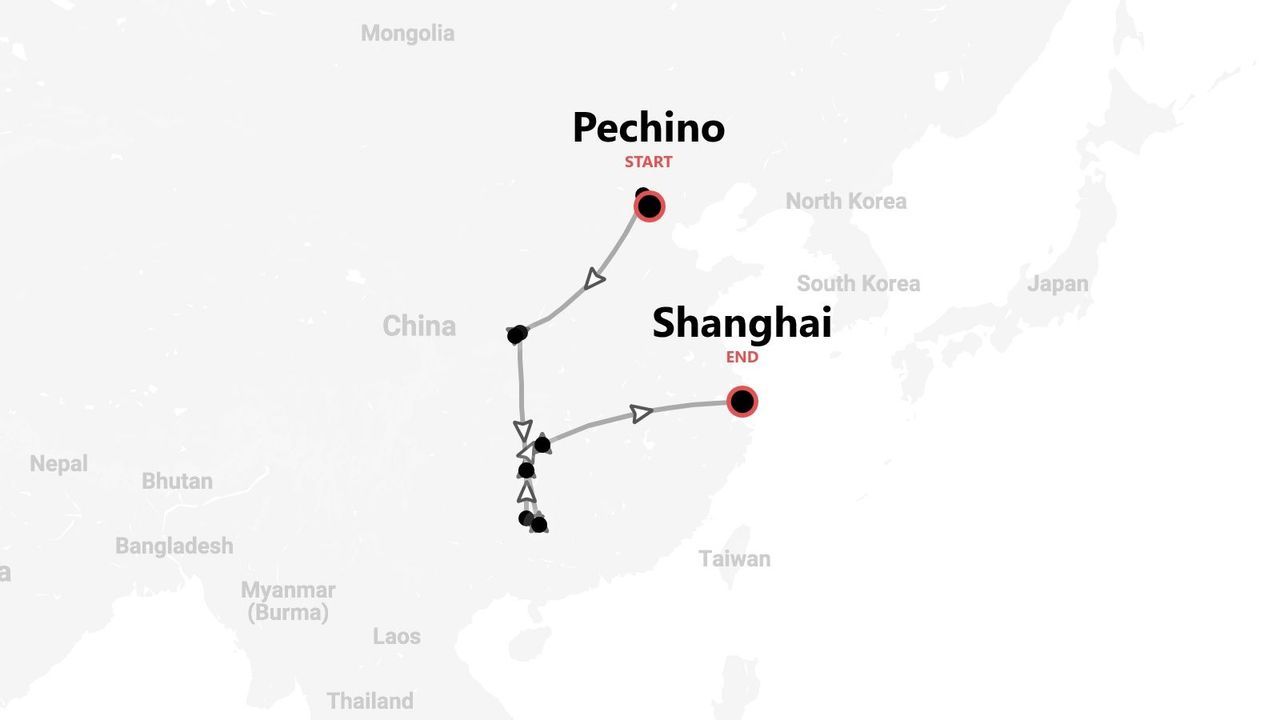 Una mappa della Cina che mostra un itinerario di viaggio con partenza da Pechino e arrivo a Shanghai, con diverse tappe intermedie.