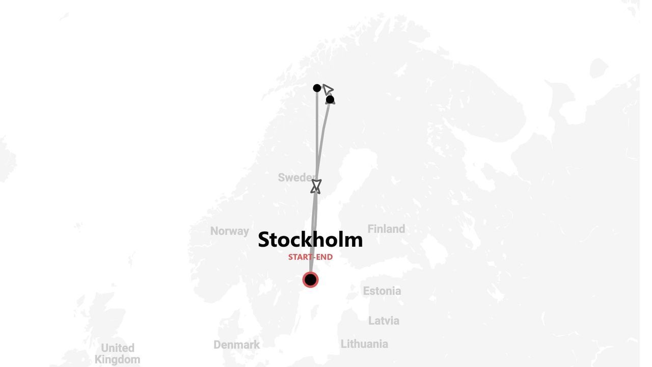 Carte d'itinéraire de voyage en Scandinavie, avec départ et arrivée à Stockholm, Suède, vers le nord.