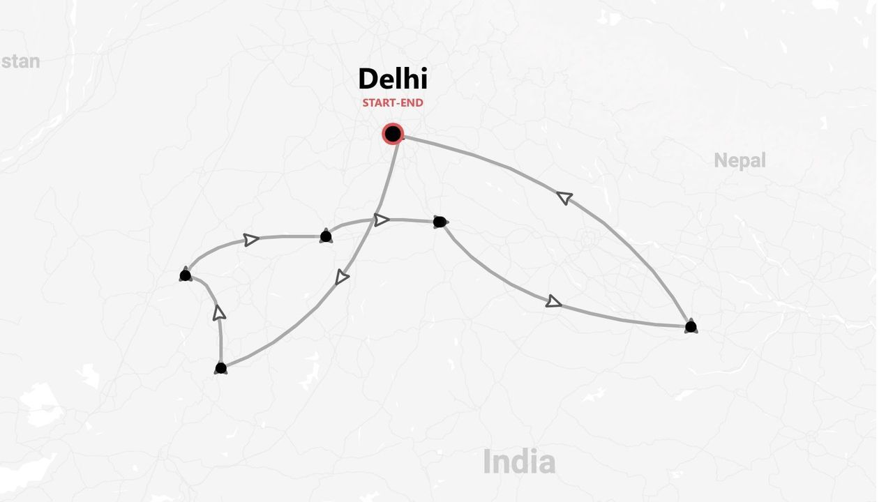 Una mappa dell'India che mostra due itinerari turistici con partenza e arrivo a Delhi.
