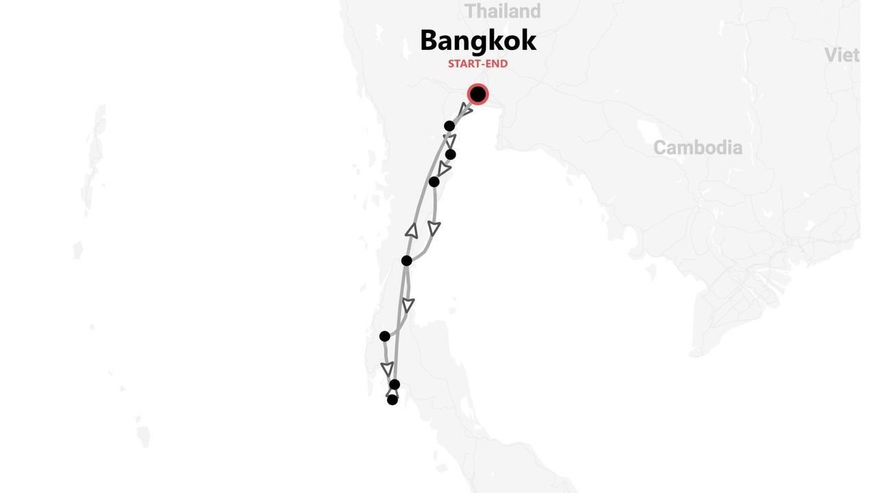 Eine Karte einer Reiseroute in Thailand, die in Bangkok beginnt und endet und südwärts entlang der Küste führt.