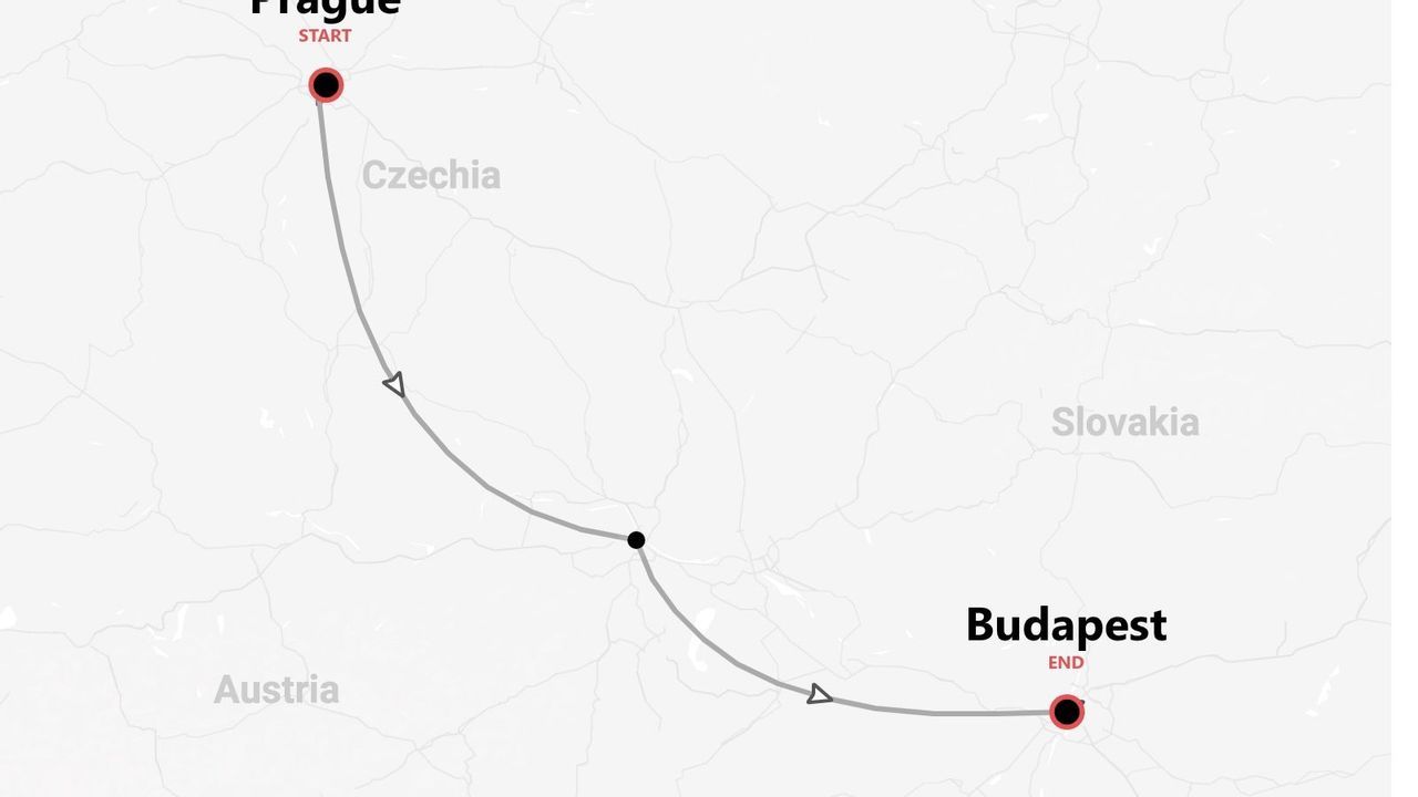 Carte d'un itinéraire de Prague à Budapest, passant par l'Autriche et la Slovaquie.