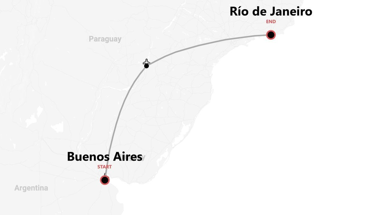 Un mapa con el itinerario de vuelo de Buenos Aires a Río de Janeiro.