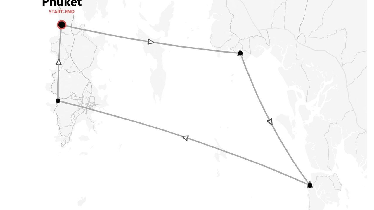 A travel itinerary map showing a route that starts and ends in Phuket, with several stops along the way.