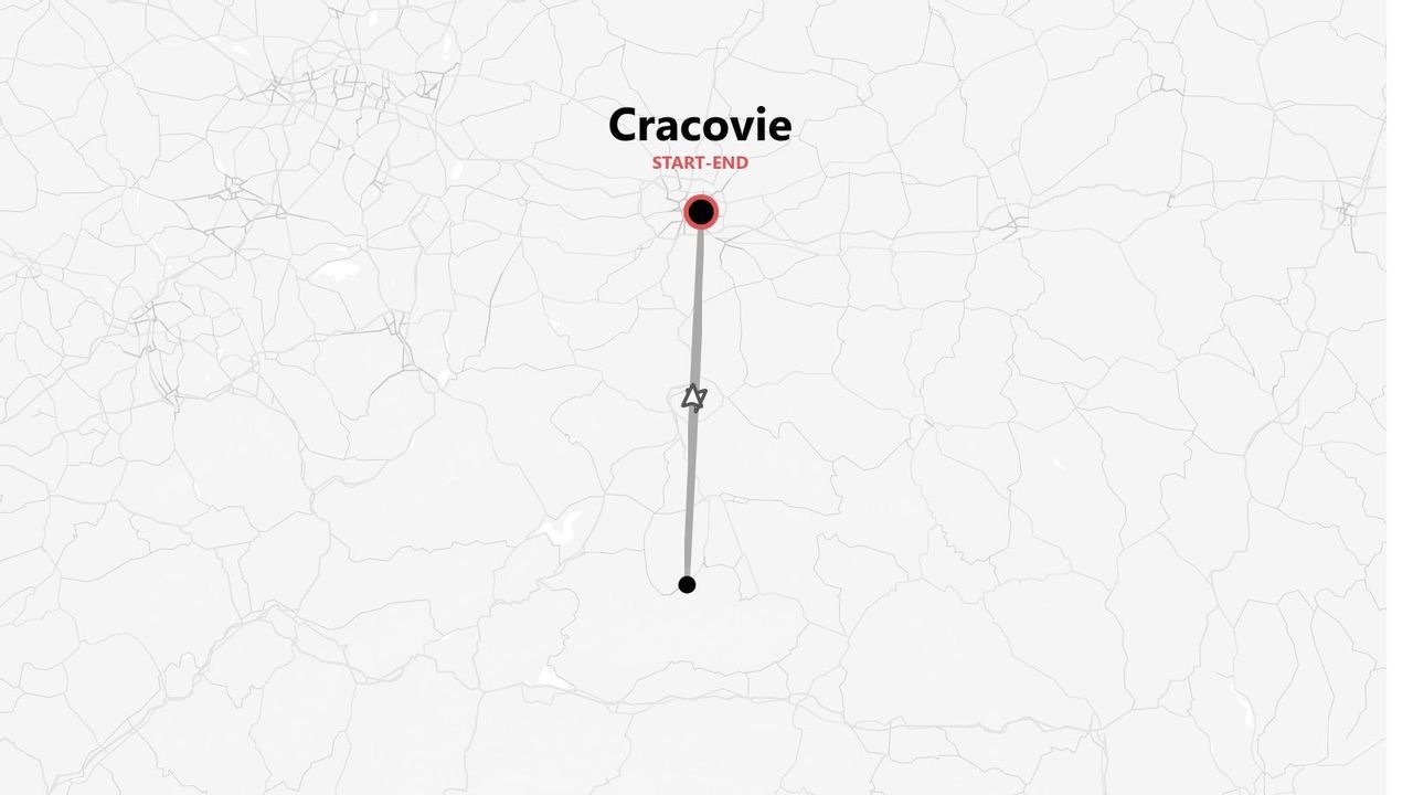 Une carte minimaliste montrant un itinéraire de voyage avec un point de départ et d'arrivée marqués à Cracovie.