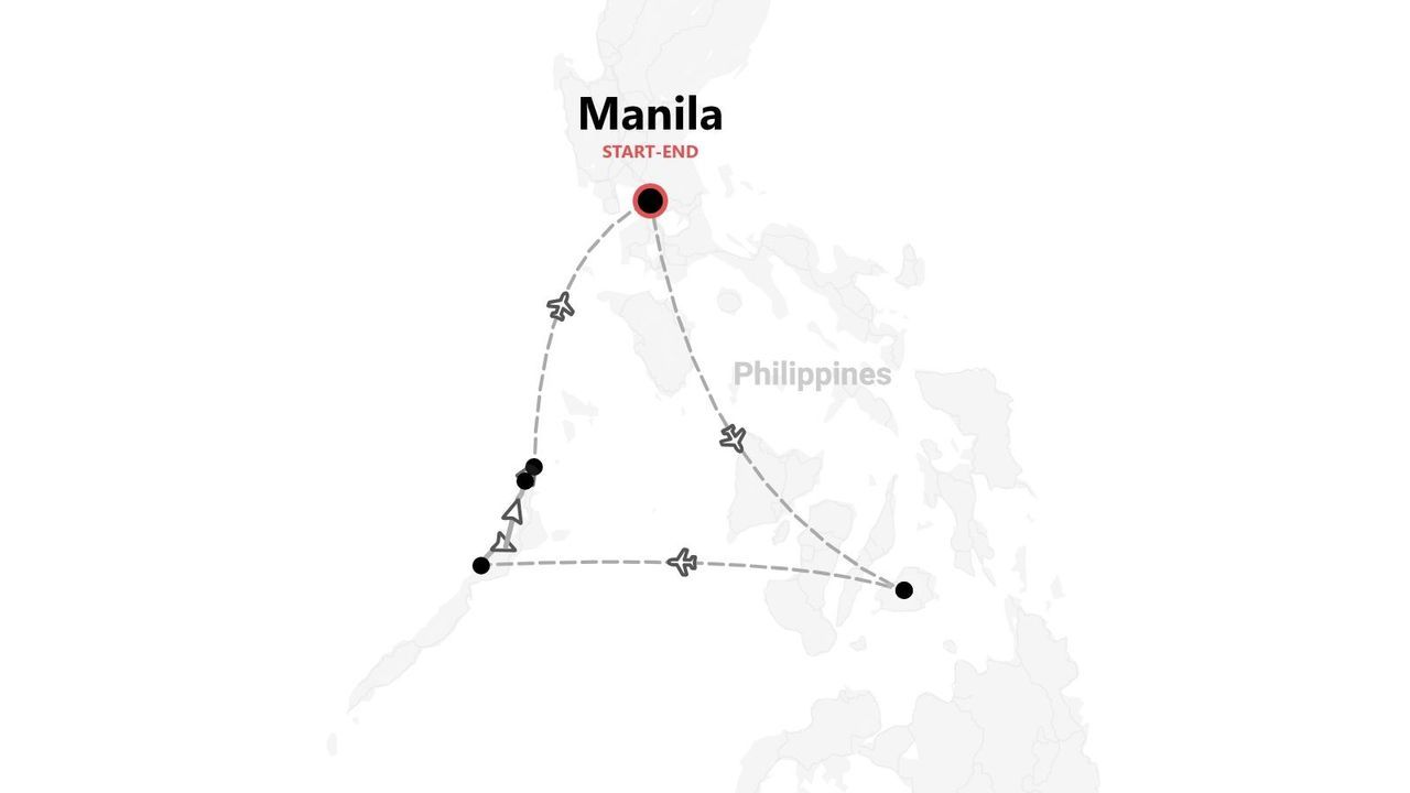 A map showing a travel route through the Philippines, starting and ending in the city of Manila.