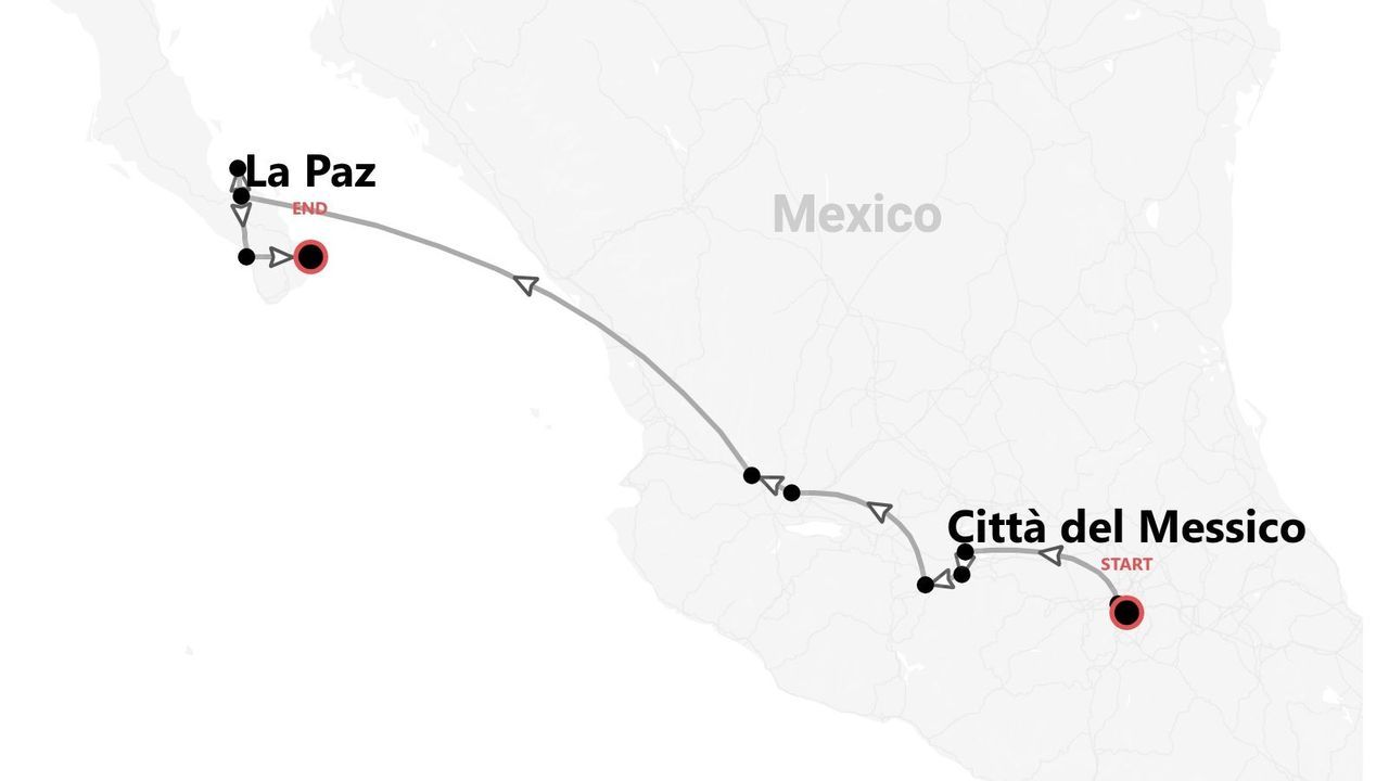 Una mappa del Messico che mostra un itinerario di viaggio con inizio a Città del Messico e fine a La Paz.