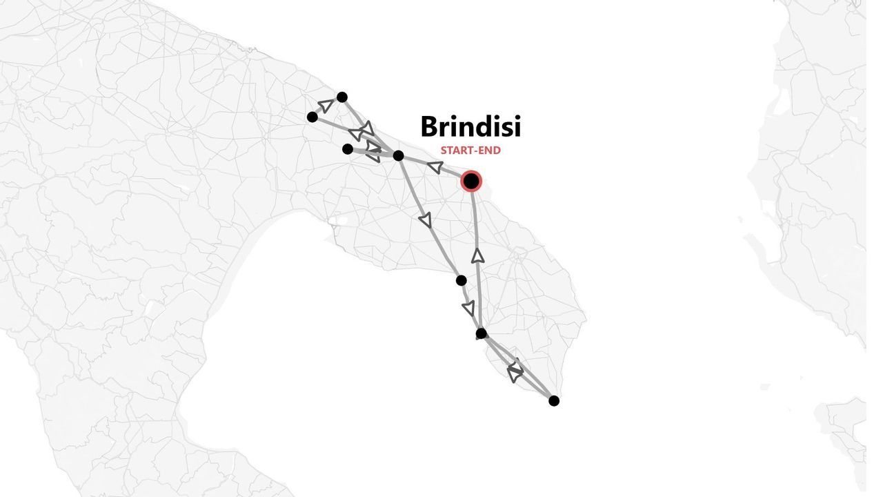 A stylized map showing a travel itinerary with multiple stops, starting and ending in Brindisi, Italy.