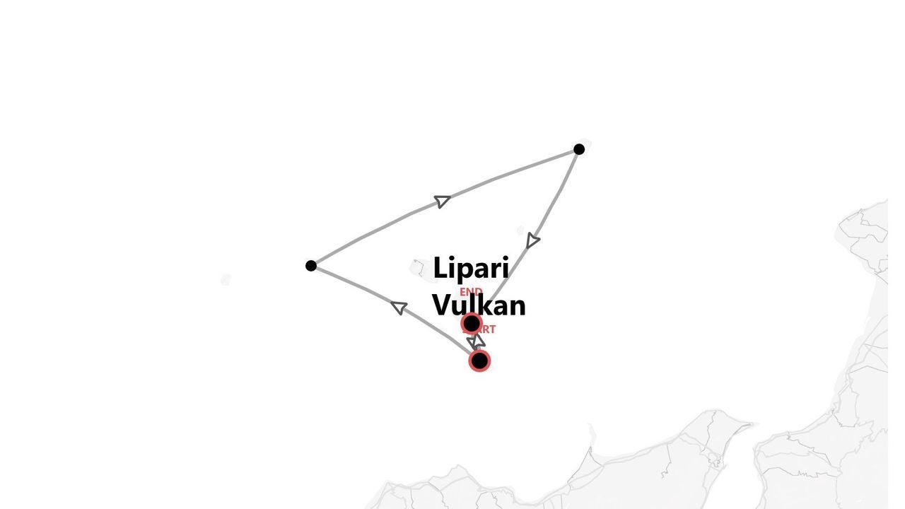Eine minimalistische Karte, die eine dreieckige Reiseroute um Lipari und Vulkan mit markierten Start- und Endpunkten zeigt.