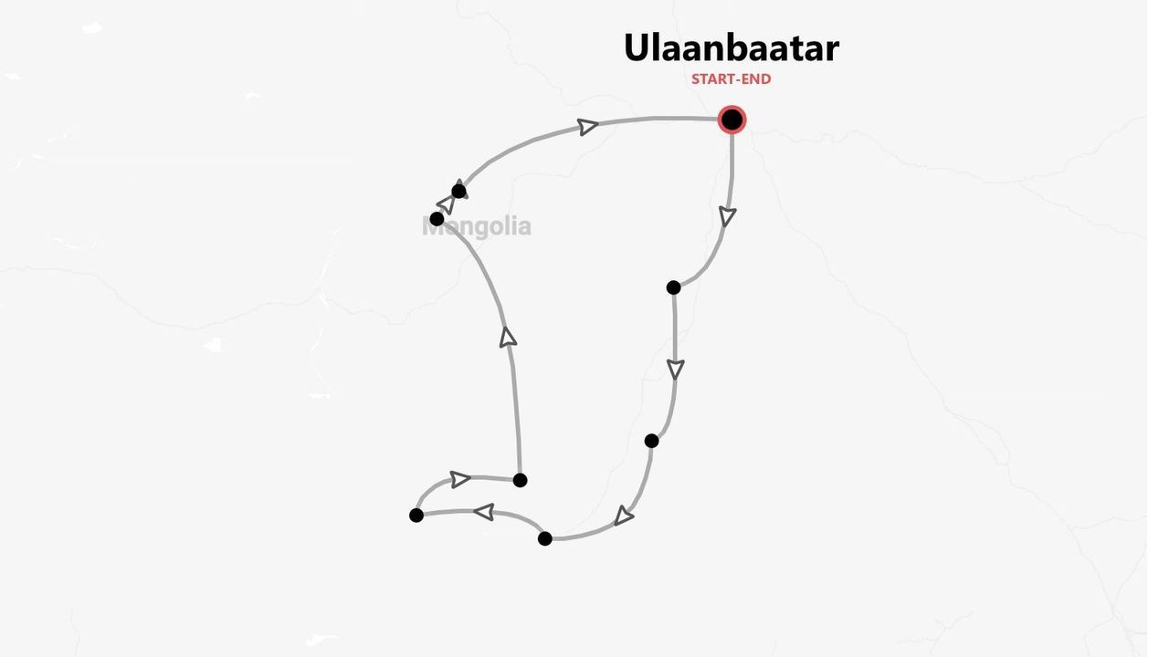 Eine Karte mit einer Reiseroute durch die Mongolei, die in Ulaanbaatar beginnt und endet.