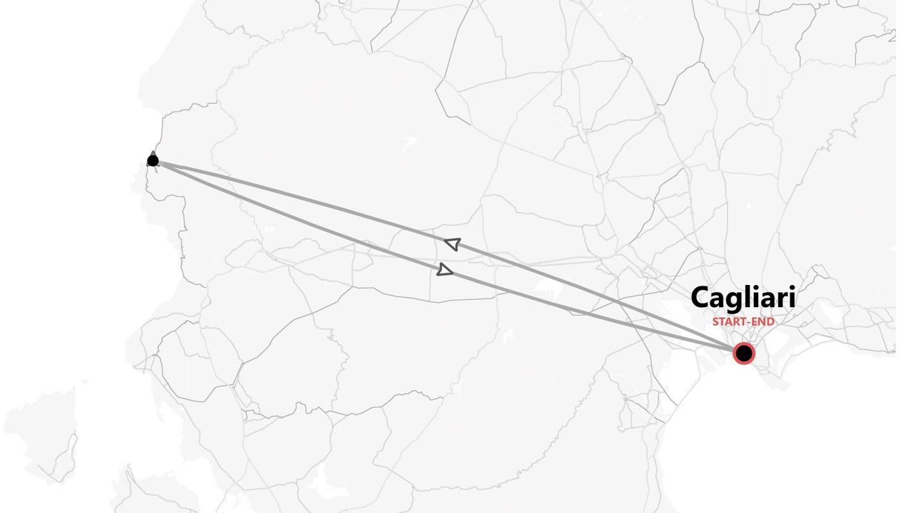 Una mappa in scala di grigi che mostra un itinerario di viaggio di andata e ritorno con punto di partenza e arrivo a Cagliari.