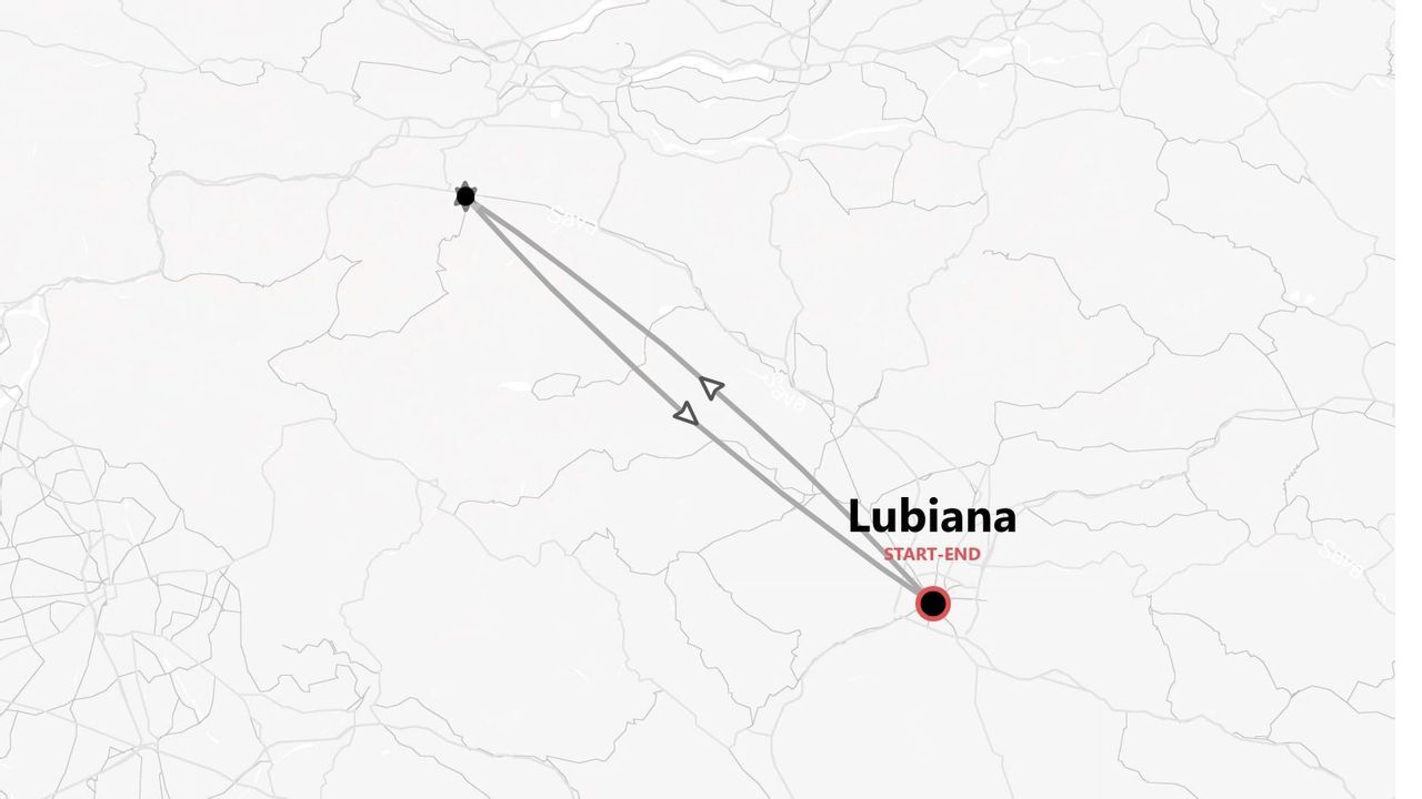 Una mappa che mostra un itinerario circolare con partenza e arrivo a Lubiana, contrassegnato da una puntina rossa.