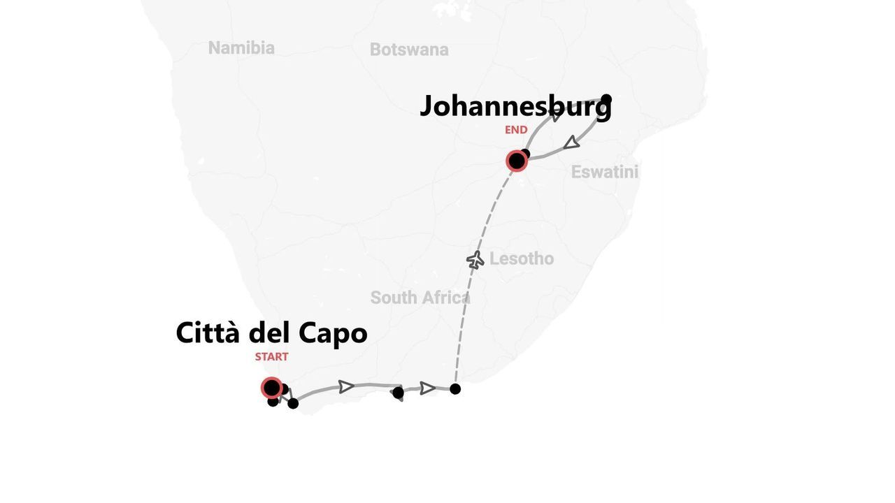 Mappa di un itinerario in Sudafrica, con partenza da Città del Capo e arrivo a Johannesburg.