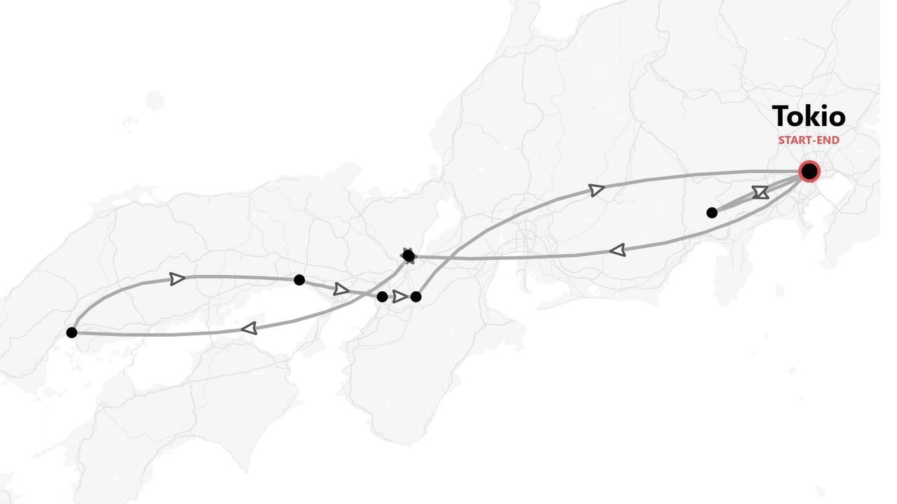 Eine stilisierte Karte Japans, die eine Reiseroute zeigt, die in Tokio beginnt und endet, mit einer durch Linien und Punkte markierten Strecke.