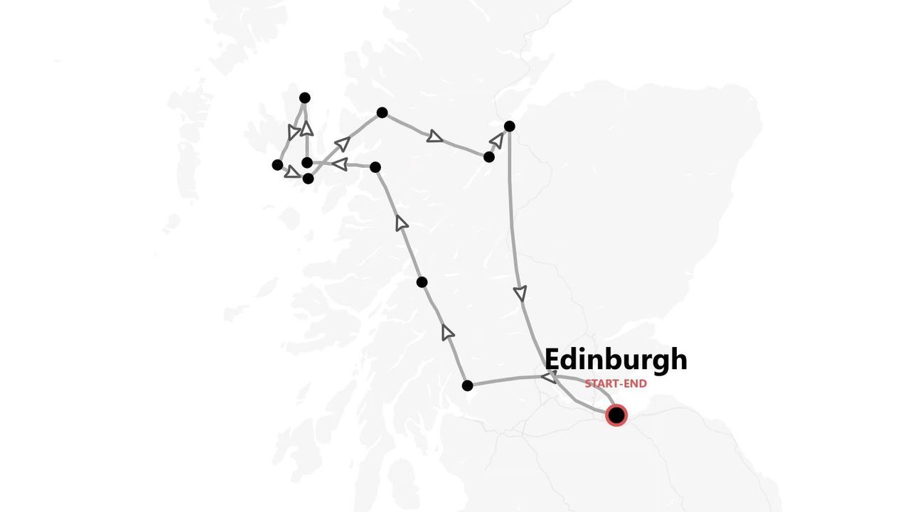 Eine Karte, die eine Reiseroute durch Schottland zeigt, wobei die Tour in Edinburgh beginnt und endet.