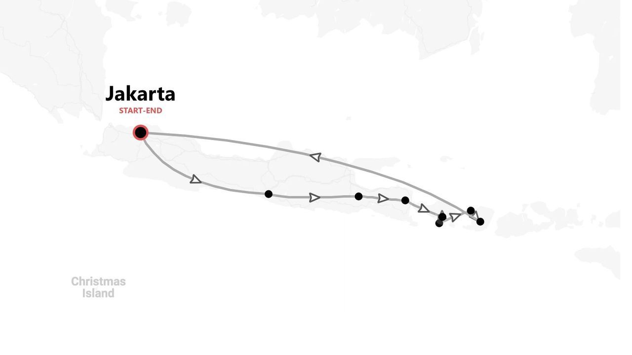 Eine Karte mit einem Reiseplan, der in Jakarta beginnt und endet und die Inseln Indonesiens durchläuft.