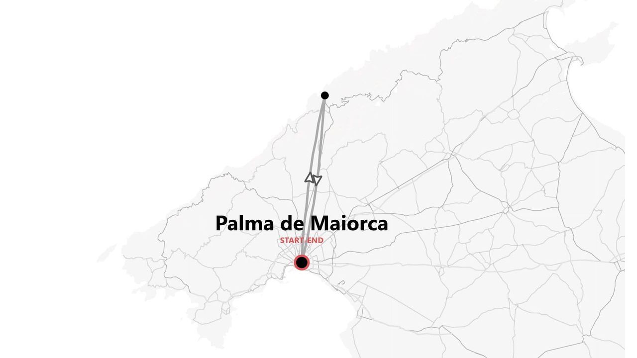 Mappa itinerario per un viaggio sull'isola di Maiorca, con partenza e arrivo a Palma di Maiorca.