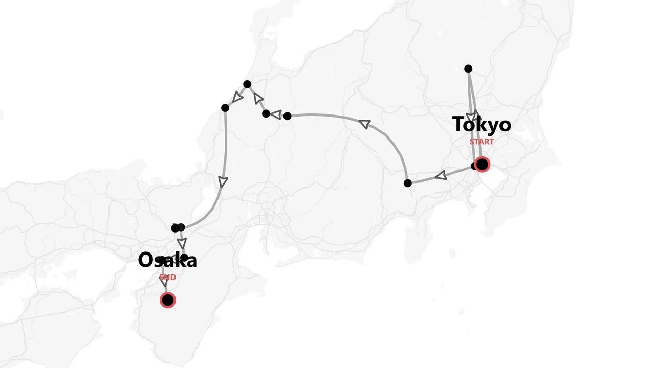 Una mappa del Giappone che mostra un itinerario di viaggio con un percorso che inizia a Tokyo e termina a Osaka.