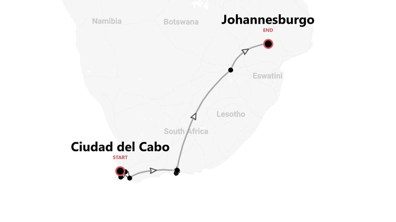 Un mapa que muestra una ruta de viaje por Sudáfrica, comenzando en Ciudad del Cabo y terminando en Johannesburgo.