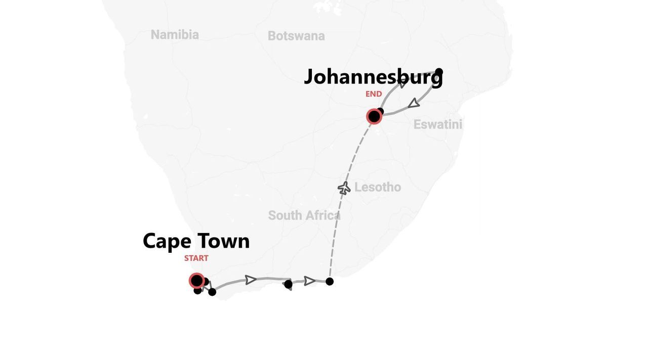 A map showing a travel itinerary in South Africa, starting in Cape Town and ending in Johannesburg.