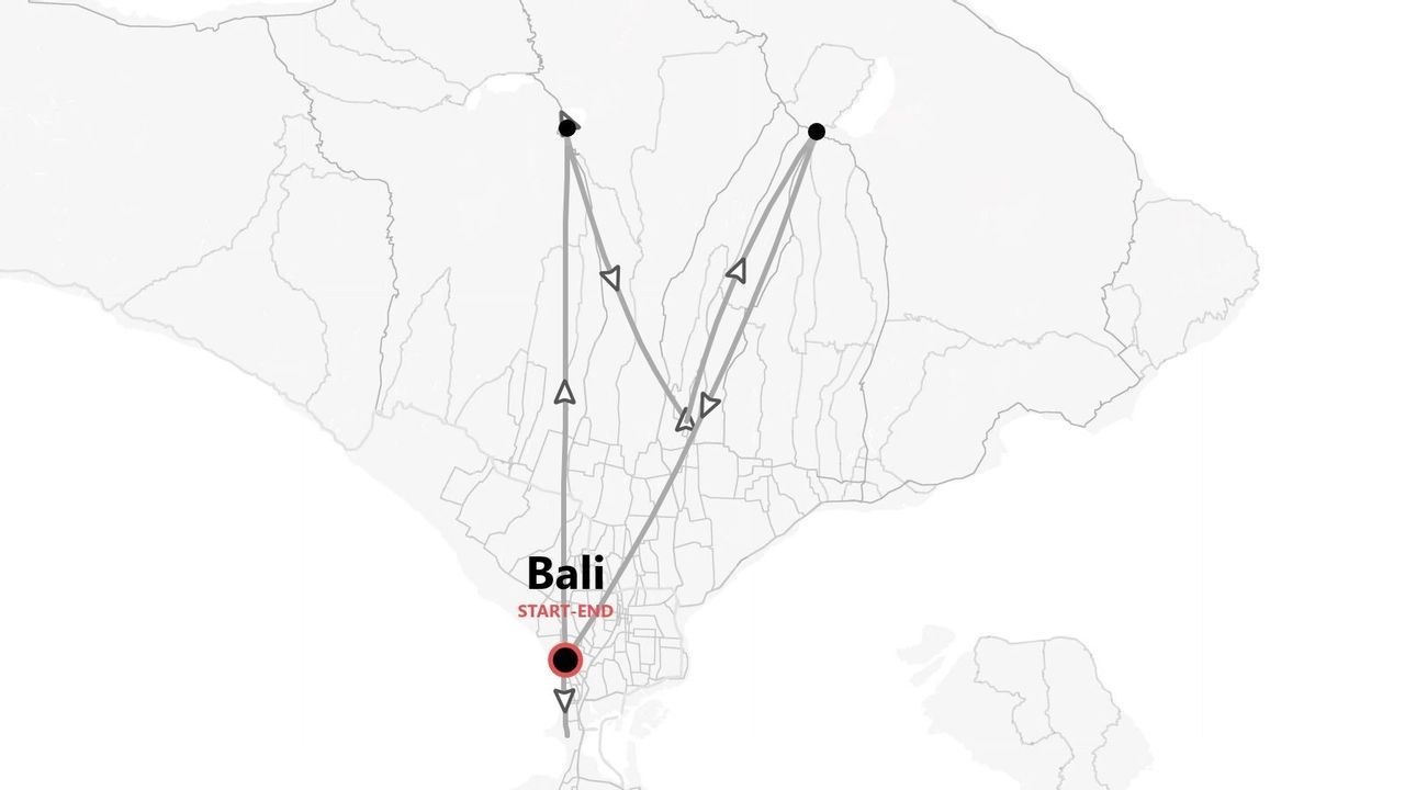 A grayscale map of a travel itinerary across the island of Bali, with the start and end points indicated.
