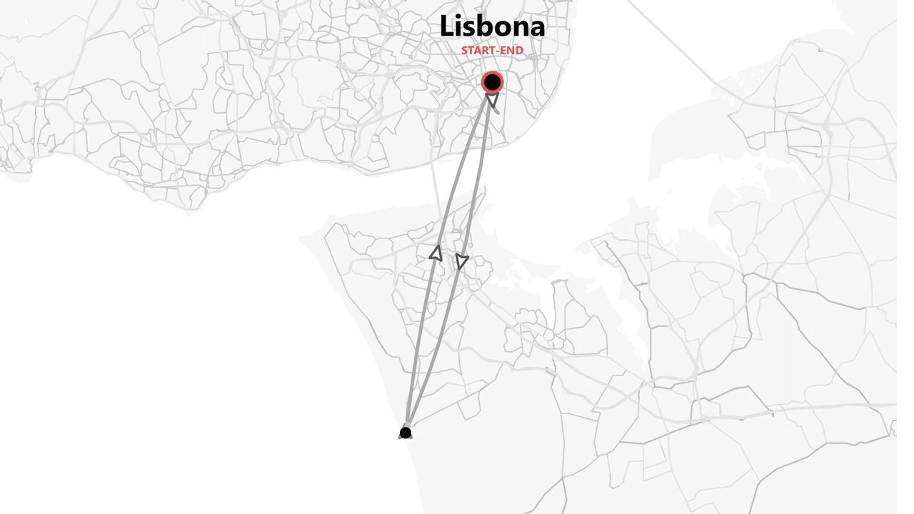 Mappa stilizzata di un itinerario di viaggio di andata e ritorno con partenza e arrivo a Lisbona, contrassegnato da una spilla rossa.