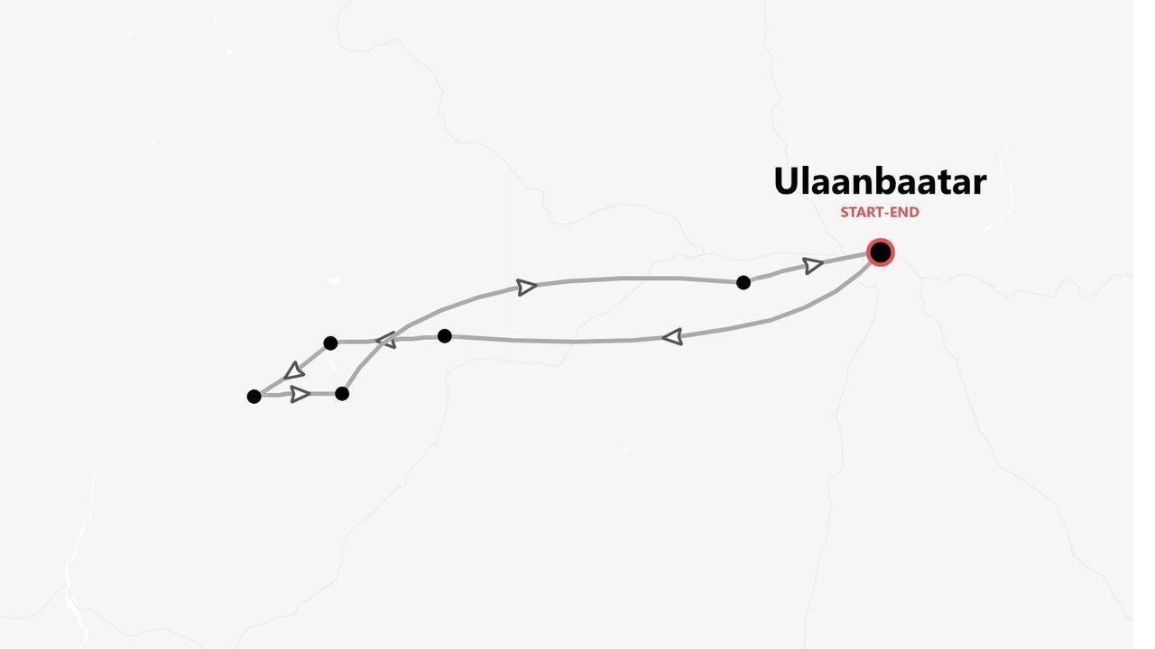 Eine stilisierte Karte, die eine Rundreise mit mehreren Stationen zeigt, beginnend und endend in Ulaanbaatar.