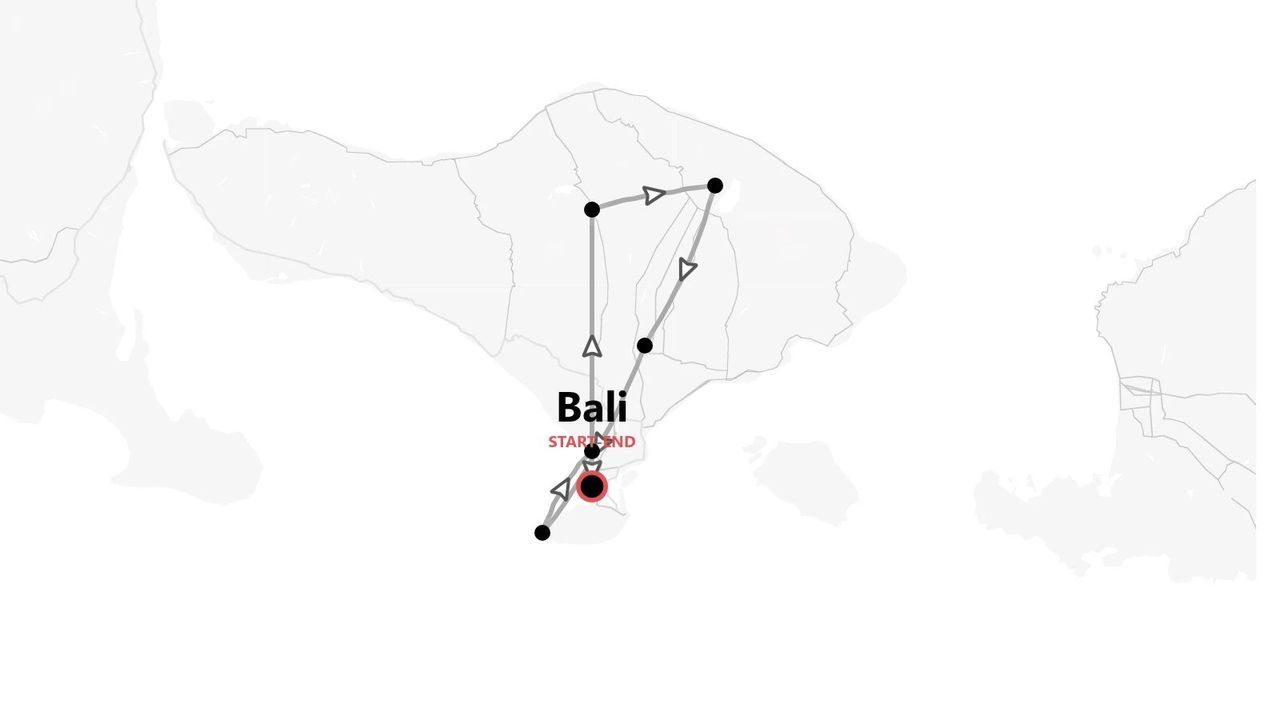 Un mapa de Bali mostrando un itinerario de viaje con paradas marcadas, que comienza y termina en el mismo punto en el sur.