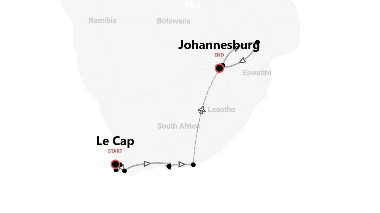 Carte d'itinéraire d'un circuit en Afrique du Sud, du Cap à Johannesburg.