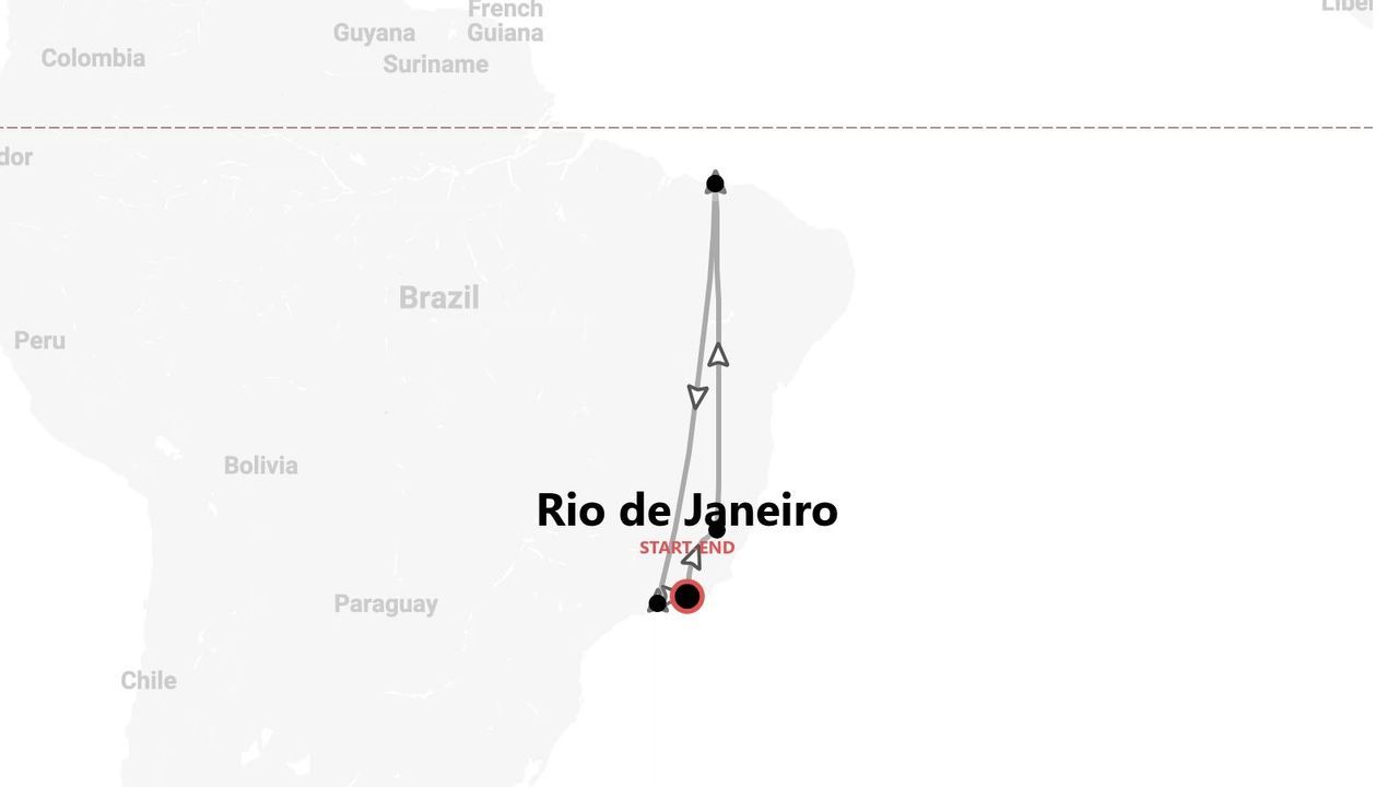 Una mappa che mostra un itinerario di viaggio circolare in Brasile, con punto di partenza e arrivo a Rio de Janeiro.