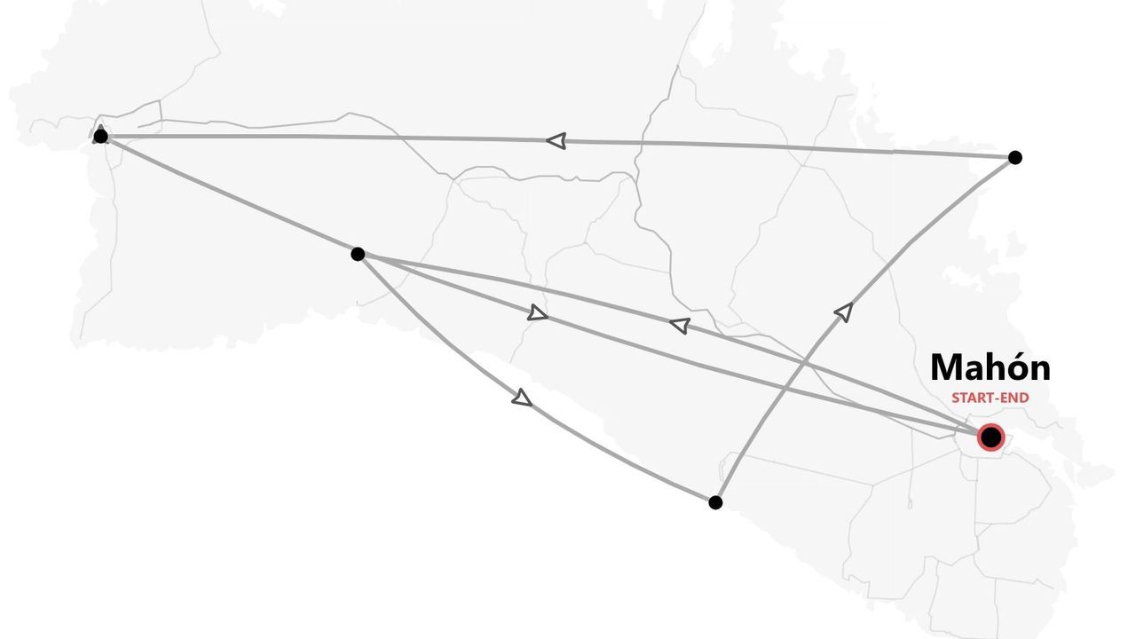 Eine stilisierte Karte, die eine Reiseroute über eine Insel zeigt, mit Mahón als Start- und Endpunkt.