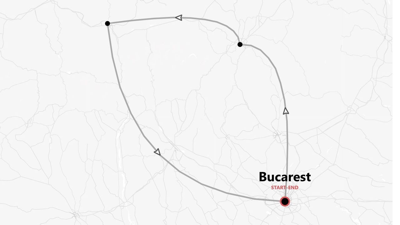 Mapa de un itinerario de viaje circular con varias paradas, comenzando y terminando en Bucarest.