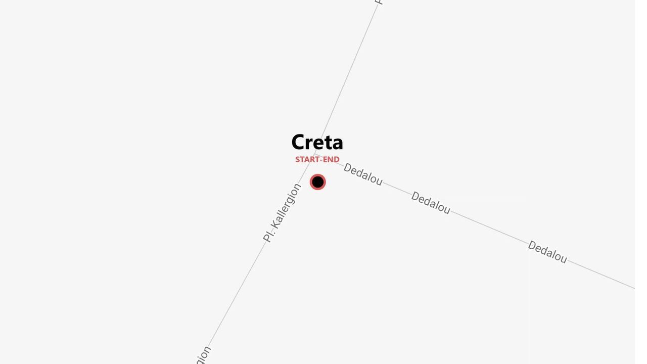 Mappa semplificata di Creta con punto di inizio e fine all'incrocio tra le vie Pl. Kallergion e Dedalou.