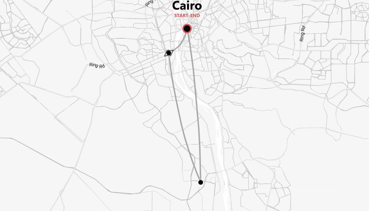 Una mappa stilizzata di un itinerario di viaggio al Cairo, che mostra i punti di inizio e fine del percorso.