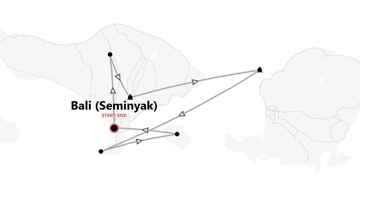 Una mappa itinerario di Bali che mostra un percorso turistico con inizio e fine a Seminyak, collegando diversi punti dell'isola.