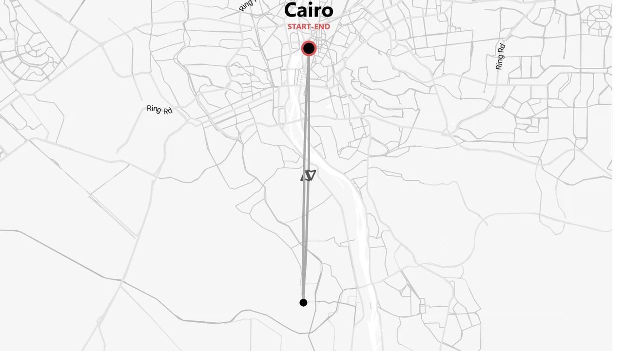 A grayscale map showing a travel itinerary that starts and ends in Cairo, with the route indicated by a line and airplane icon.