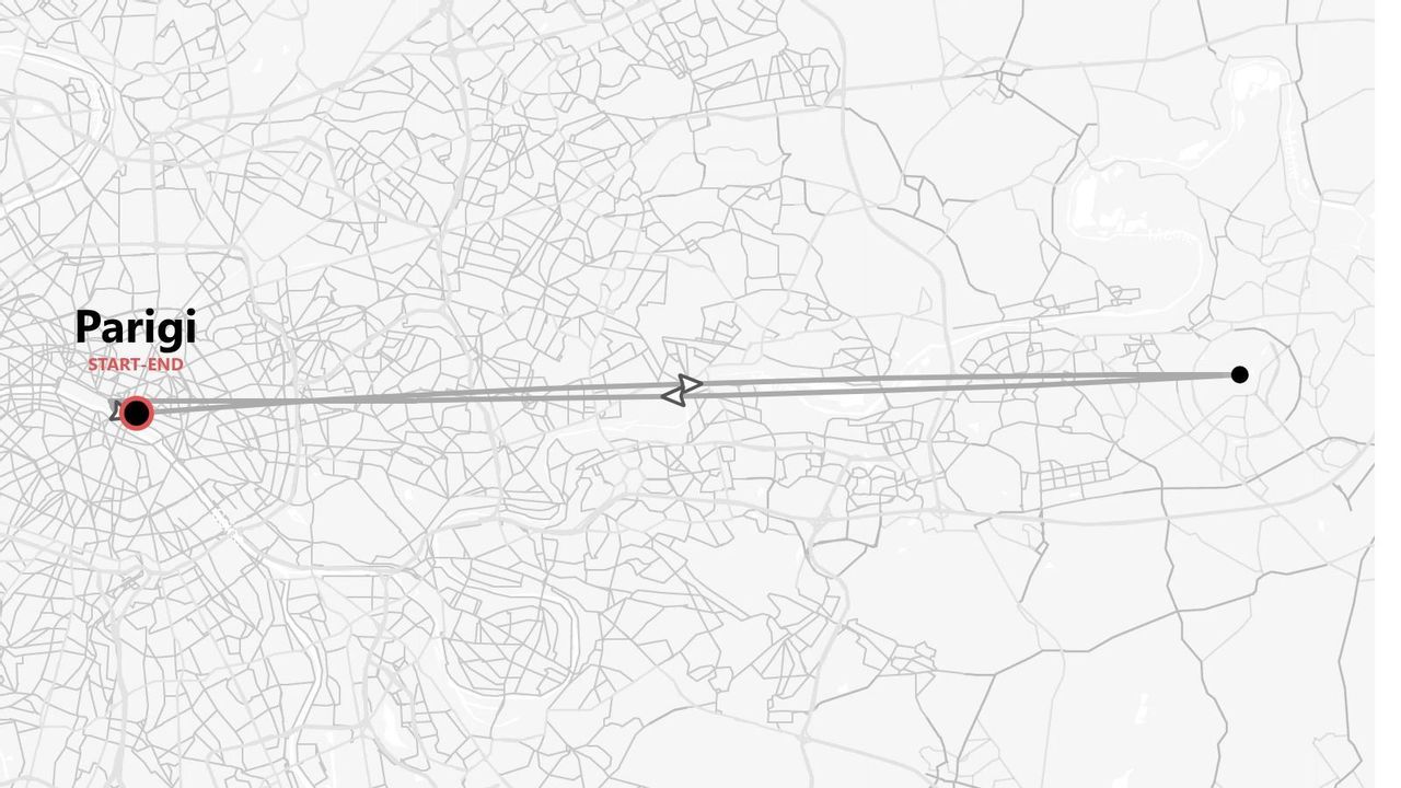 Mappa stilizzata in scala di grigi di un itinerario circolare con partenza e arrivo a Parigi.