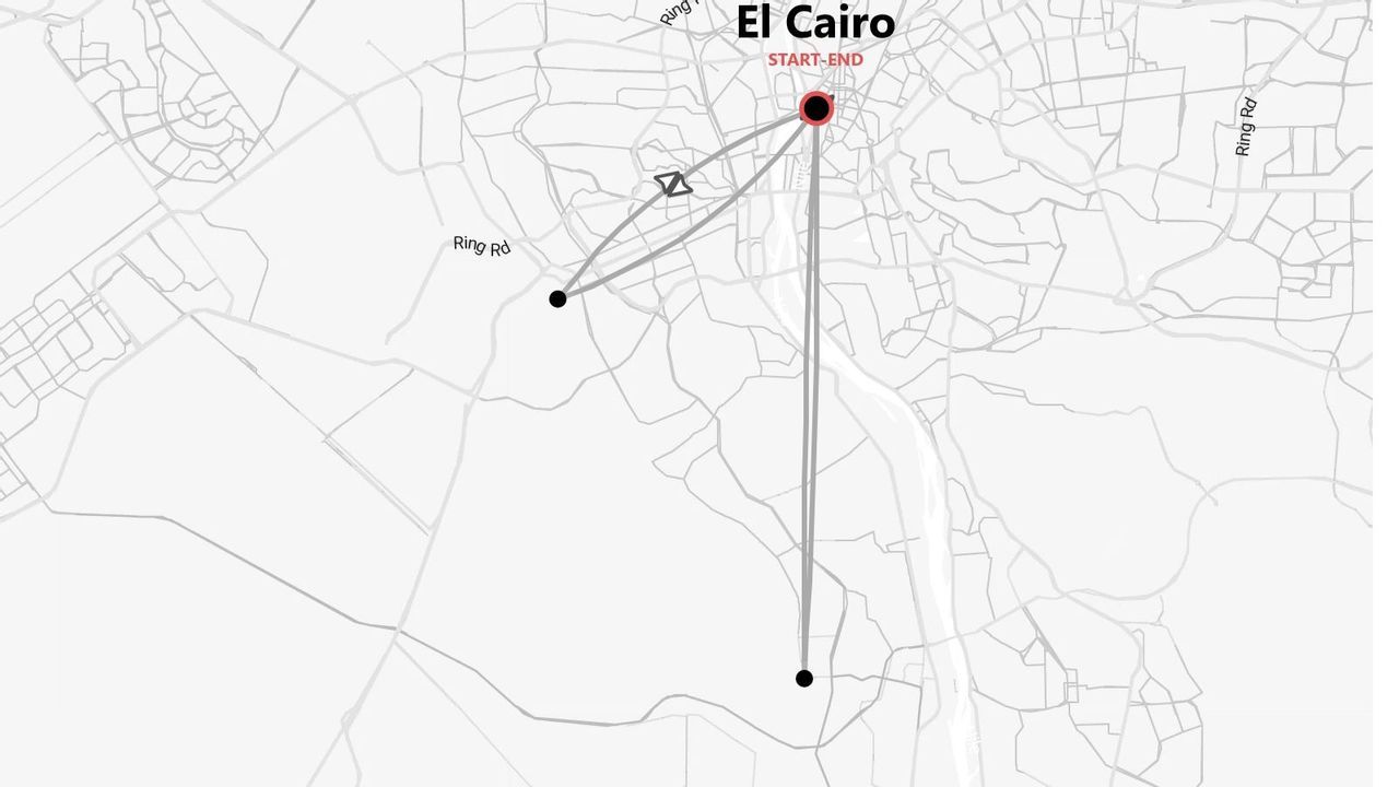 Mapa estilizado de un itinerario de viaje con inicio y fin en El Cairo, mostrando rutas de conexión.