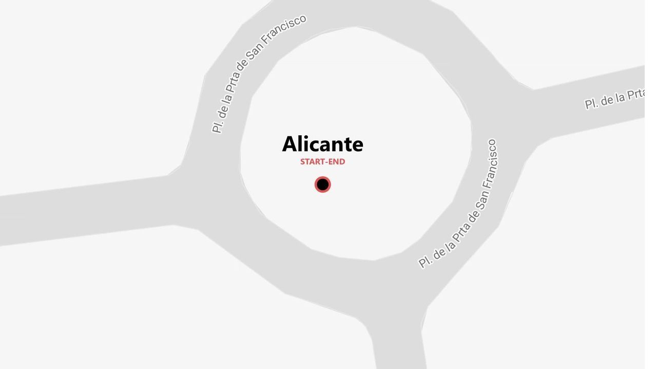 Una mappa che indica il punto di partenza e di arrivo per un viaggio ad Alicante, presso la rotonda di Pl. de la Puerta de San Francisco.