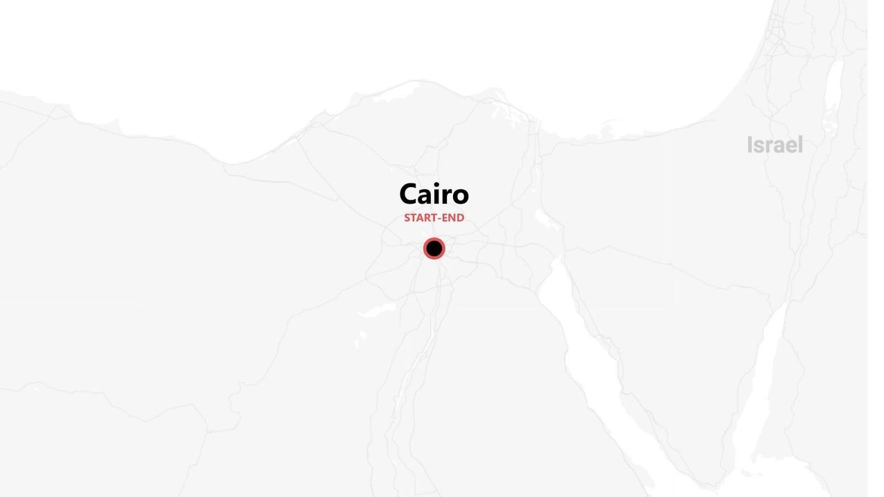Une carte minimaliste de l'Égypte avec une épingle marquant Le Caire comme point de départ et d'arrivée d'un voyage.