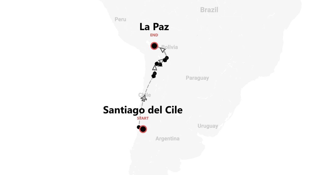 Una mappa che mostra un itinerario di viaggio con un punto di partenza a Santiago del Cile e un punto di arrivo a La Paz, Bolivia.