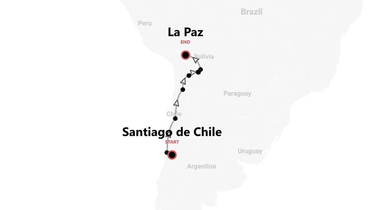 Mapa de ruta de viaje de Santiago de Chile a La Paz, Bolivia.