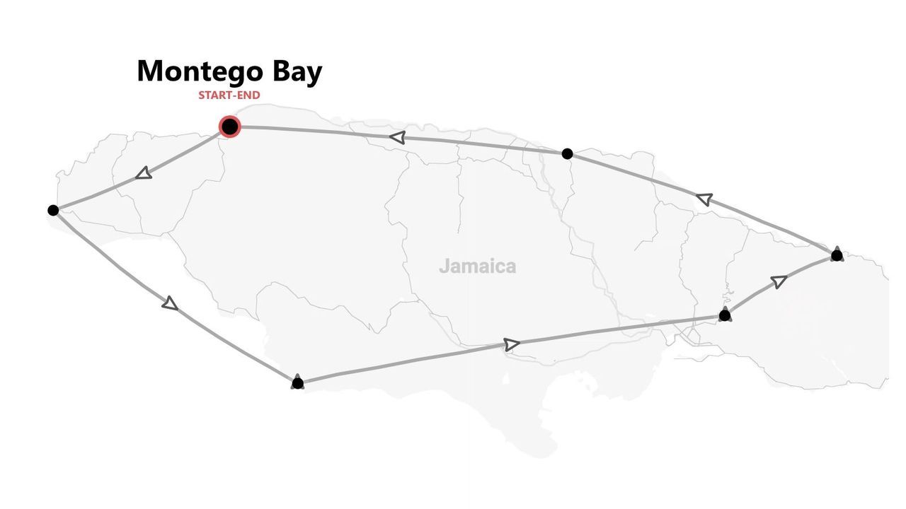 Une carte de la Jamaïque montrant un itinéraire de voyage qui commence et se termine à Montego Bay, avec des arrêts indiqués autour de l'île.